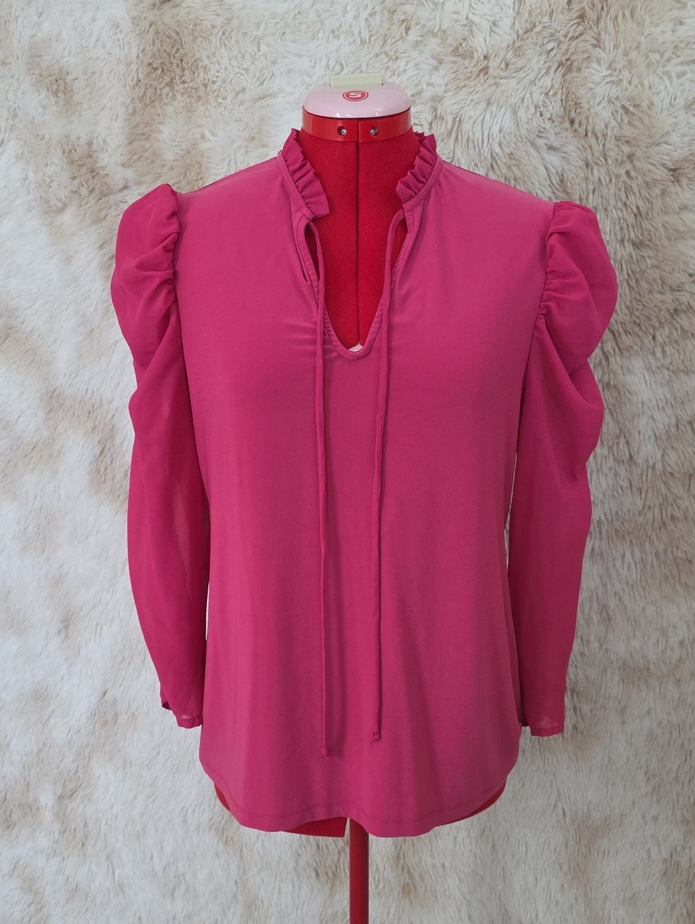 Perseption Concept Fuchsia Puff Sleeve Tie Neck Blouse Women's Large Long Sleeve